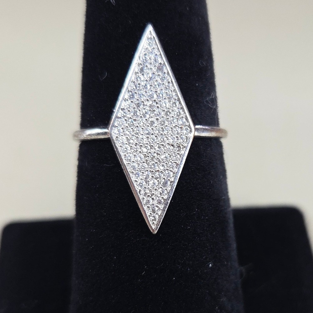 Silver Tone Micro Pave Diamond Shape Geometric Statement Ring Size 7.5
